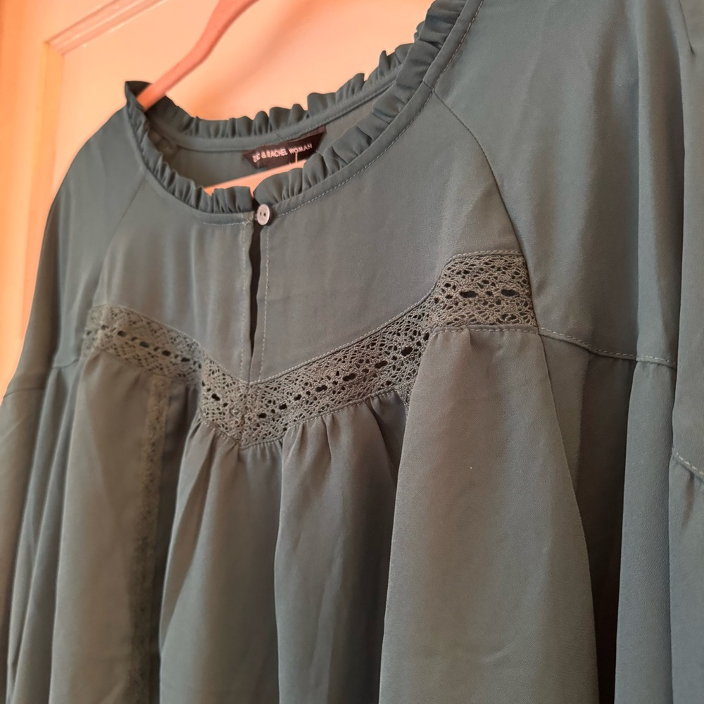 Zac & Rachel Dark Teal Peasant Lace Details Long Bell Sleeve Top Size 2X NWT - Picture 2 of 13